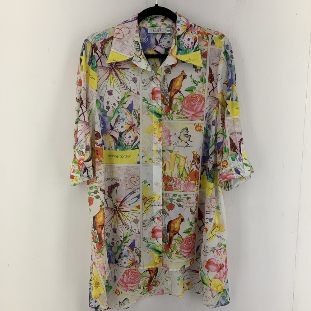 Isabel Womens Large Tunic Top USA Vintage Colorful Floral Birds Artsy Beach‎